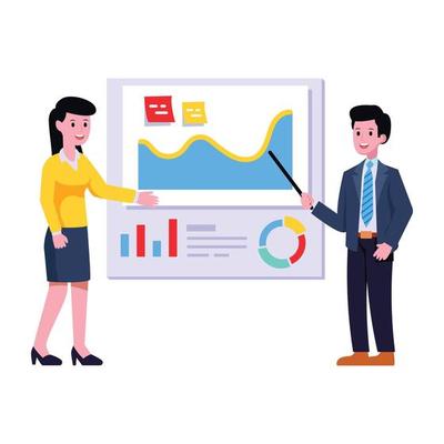 Persons monitoring chart with magnifier, flat illustration of business analysis