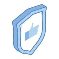 Protection shield and thumbs up, concept of secure feedback isometric icon vector