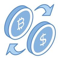 Bitcoin and dollar with flow arrows, concept of money exchange isometric icon vector