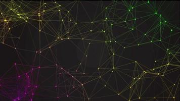 modèle ondulé rose bleu jaune vert avec des lignes et des points colorés. lignes de plexus, technologie abstraite, boucle d'arrière-plan scientifique et technique, plexus coloré sur fond sombre