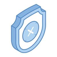 Cross on shield, showing the concept of no security isometric icon vector