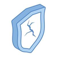 Broken shield denoting the concept of security breach isometric icon vector