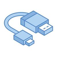 Data cable for connection and data transfer, an isometric icon with editable facility vector