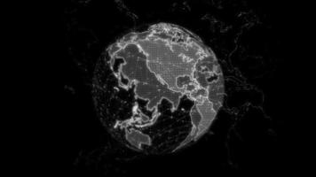 gráficos de movimento do planeta Terra, terra hud. terra digital gira em fundo preto, terra com pontos e linhas de conexão, conexões globais futuristas ao redor do planeta