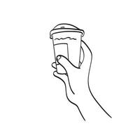 closeup hand holding iced take away coffee illustration vector hand drawn isolated on white background line art.