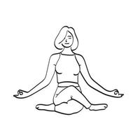 woman practices yoga and meditates in the lotus position illustration vector hand drawn isolated on white background line art.