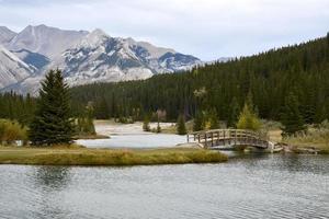 un puente de madera en un lago de montaña foto