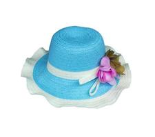 Pretty straw hat with flower on white background photo