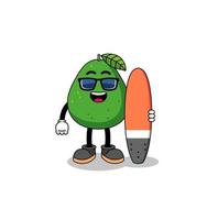 caricatura de mascota de fruta de aguacate como surfista vector