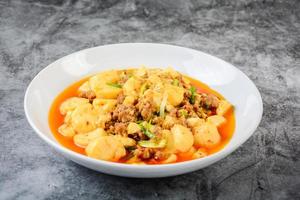 Mapo Tofu, popular Chinese dish.  The classic recipe consists of silken tofu, ground pork or beef and Sichuan peppercorn to name a few main ingredients. photo
