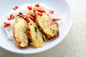 Sliced omelette with soft tofu, crab stick and spring onion with rice on dish photo