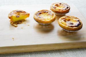 Portuguese Egg Tarts, is a kind of custard tart found in various Asian countries. The dish consists of an outer pastry crust and is filled with egg custard and baked. photo