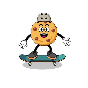 mascota de galleta con chispas de chocolate jugando una patineta vector