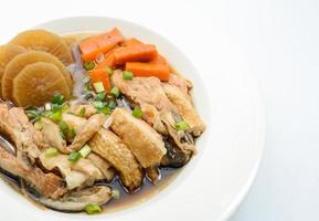 Salmon in soy source with vegetables, fish maw soup photo