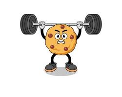 chocolate chip cookie mascot cartoon lifting a barbell vector