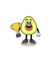 mascota de dibujos animados de aguacate sosteniendo un trofeo vector