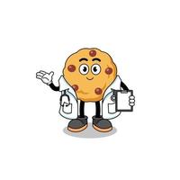 caricatura, mascota, de, chocolate chip, galleta, doctor vector