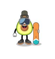 caricatura de la mascota del jugador de snowboard de aguacate vector