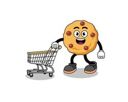 Cartoon of chocolate chip cookie holding a shopping trolley vector