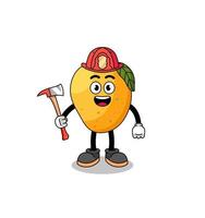 caricatura, mascota, de, mango, fruta, bombero vector