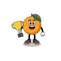 Cartoon mascot of orange fruit holding a trophy vector