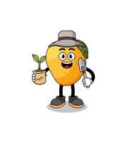ilustración de dibujos animados de fruta de mango sosteniendo una semilla de planta vector