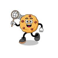 Cartoon of chocolate chip cookie catching a butterfly vector