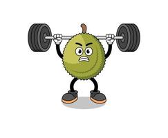 dibujos animados de la mascota de la fruta durian levantando una barra vector