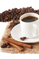 closeup view of a cup of coffee, brown sugar and coffee beans photo