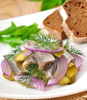 herring salad with pickled cucumbers and onions photo