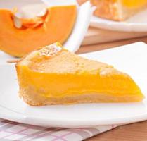 Piece of pumpkin pie on a plate photo