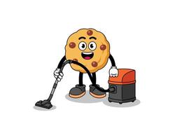 Character mascot of chocolate chip cookie holding vacuum cleaner vector