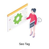 optimización de sitios web, un icono isométrico de etiqueta seo vector