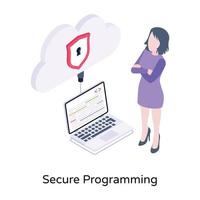 Cloud connected with laptop, an isometric icon of secure programming vector