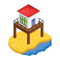 A beautiful view seashore, isometric icon of beach house vector