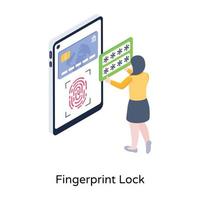 Person protecting mobile with fingerprint lock, isometric icon vector