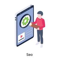 Person with magnifier, mobile and cogwheel, concept of SEO isometric icon vector