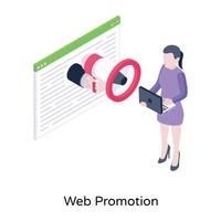 Hand holding megaphone with the website, an isometric icon of web promotion