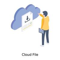 descargando archivo a través de la nube, icono isométrico del archivo en la nube vector