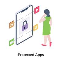 An isometric icon of protected apps is up for premium use vector