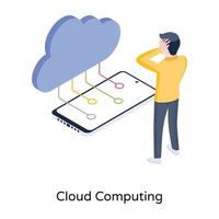 Cloud nodes network attached with phone, isometric icon of cloud computing