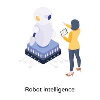 Person working with robot, an isometric icon of robot intelligence vector