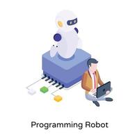 Person working with robot, an isometric icon of programming robot vector