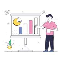 Person explaining business graph and chart, a flat illustration of data presentation vector