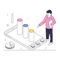 gráfico circular y lupa, concepto de análisis de datos ilustración isométrica vector