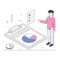 Pie chart and magnifier, concept of data analysis isometric illustration vector