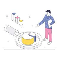 Pie chart and magnifier, concept of data analysis isometric illustration vector