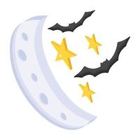 Moon, stars, and bats showing the scene of scary night, isometric icon vector