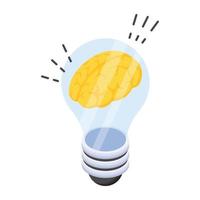 Brain inside bulb, isometric icon of brainstorming vector