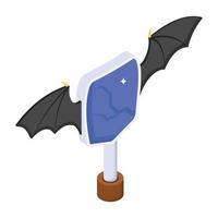 Fingerpost with bat wings, an isometric icon of Halloween post vector